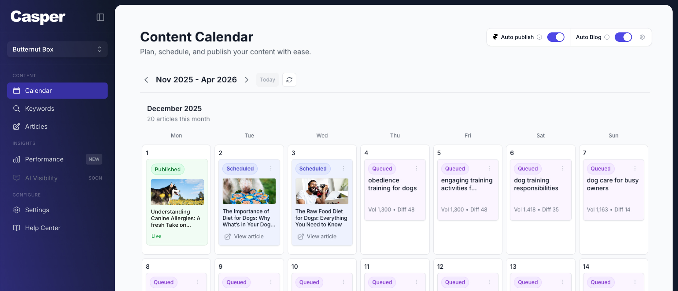 Casper auto-blog content calendar